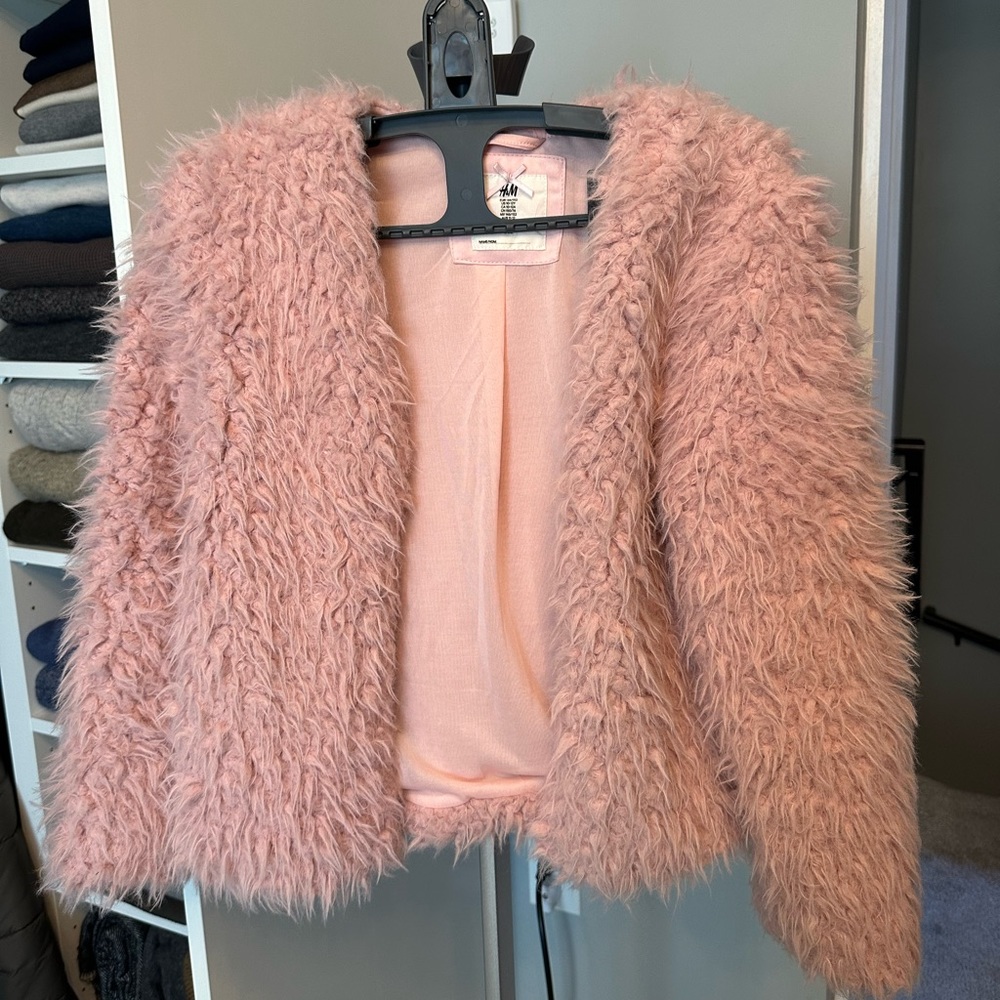 H&M pink fluffy faux fur jacket/coat